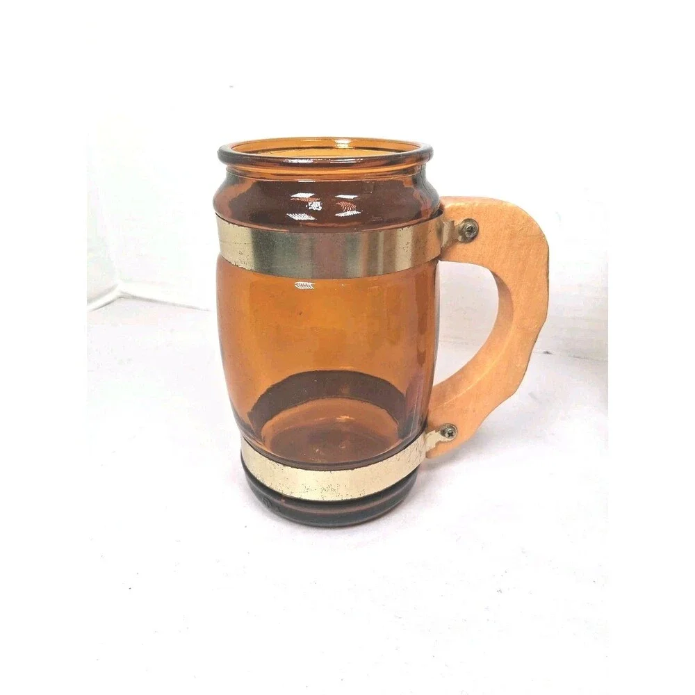 Vintage Amber Glass Beer Mugs Wood Handle Set Of 4 Saloon Mancave